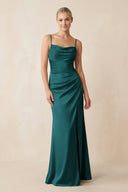 Cami Strap Ruched Satin Sheath Bridesmaid Dress in Emerald - KissProm Bridesmaid Dresses
