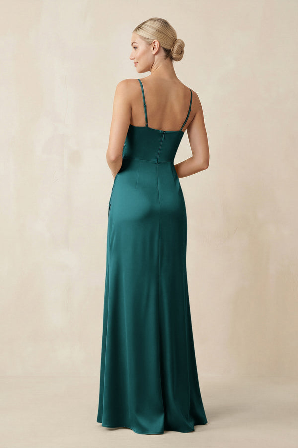 Cami Strap Ruched Satin Sheath Bridesmaid Dress in Emerald - KissProm Bridesmaid Dresses