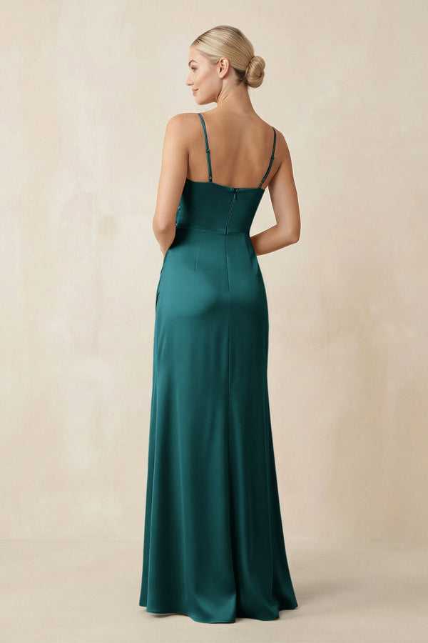 Cami Strap Ruched Satin Sheath Bridesmaid Dress in Emerald - KissProm Bridesmaid Dresses