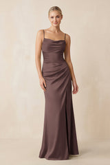Cami Strap Ruched Satin Sheath Bridesmaid Dress in Espresso - KissProm Bridesmaid Dresses