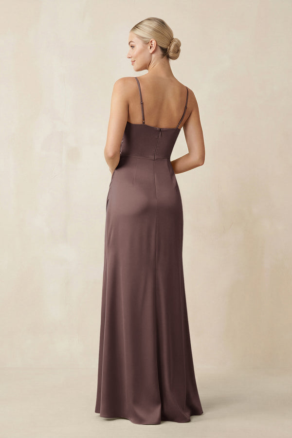Cami Strap Ruched Satin Sheath Bridesmaid Dress in Espresso - KissProm Bridesmaid Dresses