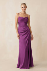 Cami Strap Ruched Satin Sheath Bridesmaid Dress in Fig - KissProm Bridesmaid Dresses