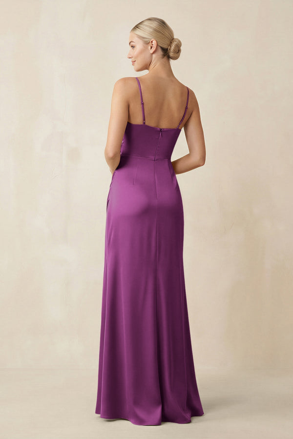 Cami Strap Ruched Satin Sheath Bridesmaid Dress in Fig - KissProm Bridesmaid Dresses
