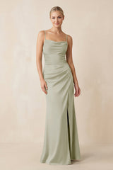 Cami Strap Ruched Satin Sheath Bridesmaid Dress in Frost - KissProm Bridesmaid Dresses
