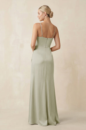 Cami Strap Ruched Satin Sheath Bridesmaid Dress in Frost - KissProm Bridesmaid Dresses