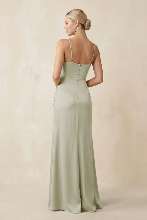 Cami Strap Ruched Satin Sheath Bridesmaid Dress in Frost - KissProm Bridesmaid Dresses