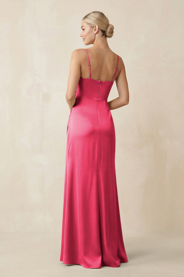 Cami Strap Ruched Satin Sheath Bridesmaid Dress in Fuchsia - KissProm Bridesmaid Dresses