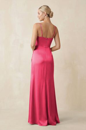Cami Strap Ruched Satin Sheath Bridesmaid Dress in Fuchsia - KissProm Bridesmaid Dresses