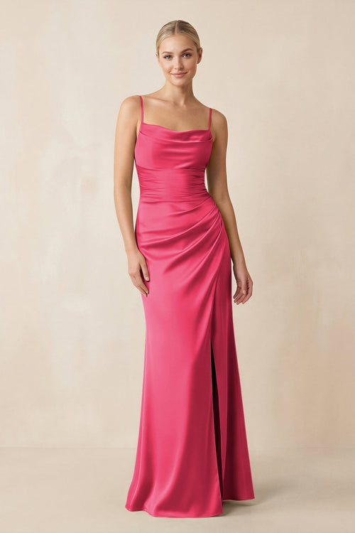 Cami Strap Ruched Satin Sheath Bridesmaid Dress in Fuchsia - KissProm Bridesmaid Dresses