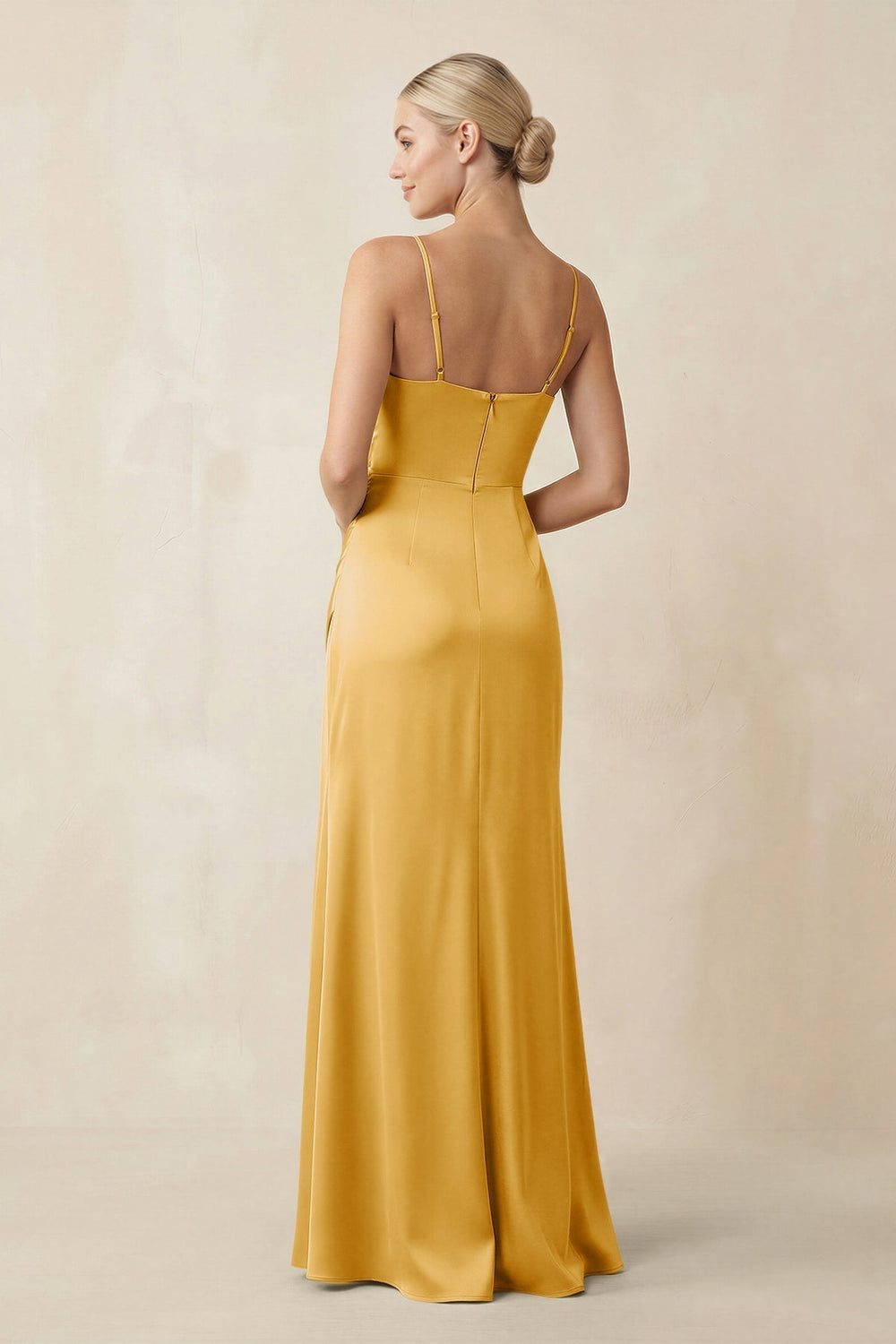 Cami Strap Ruched Satin Sheath Bridesmaid Dress in Gold - KissProm Bridesmaid Dresses