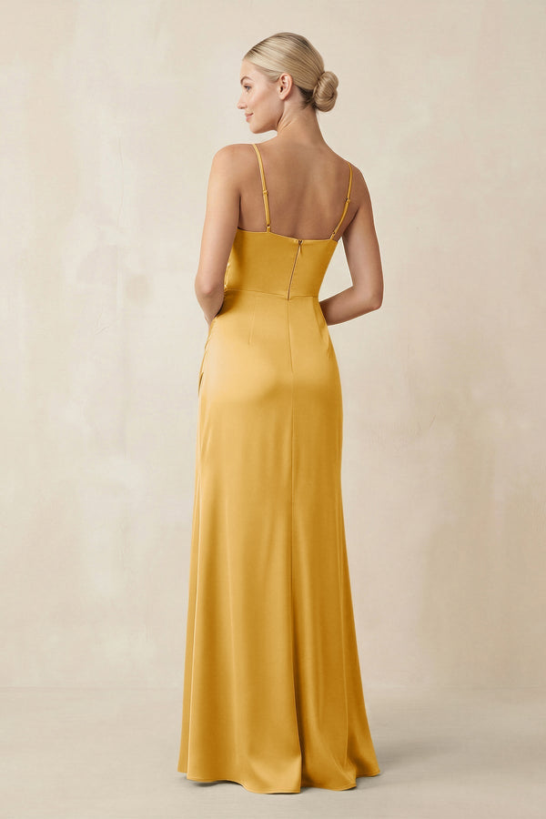 Cami Strap Ruched Satin Sheath Bridesmaid Dress in Gold - KissProm Bridesmaid Dresses