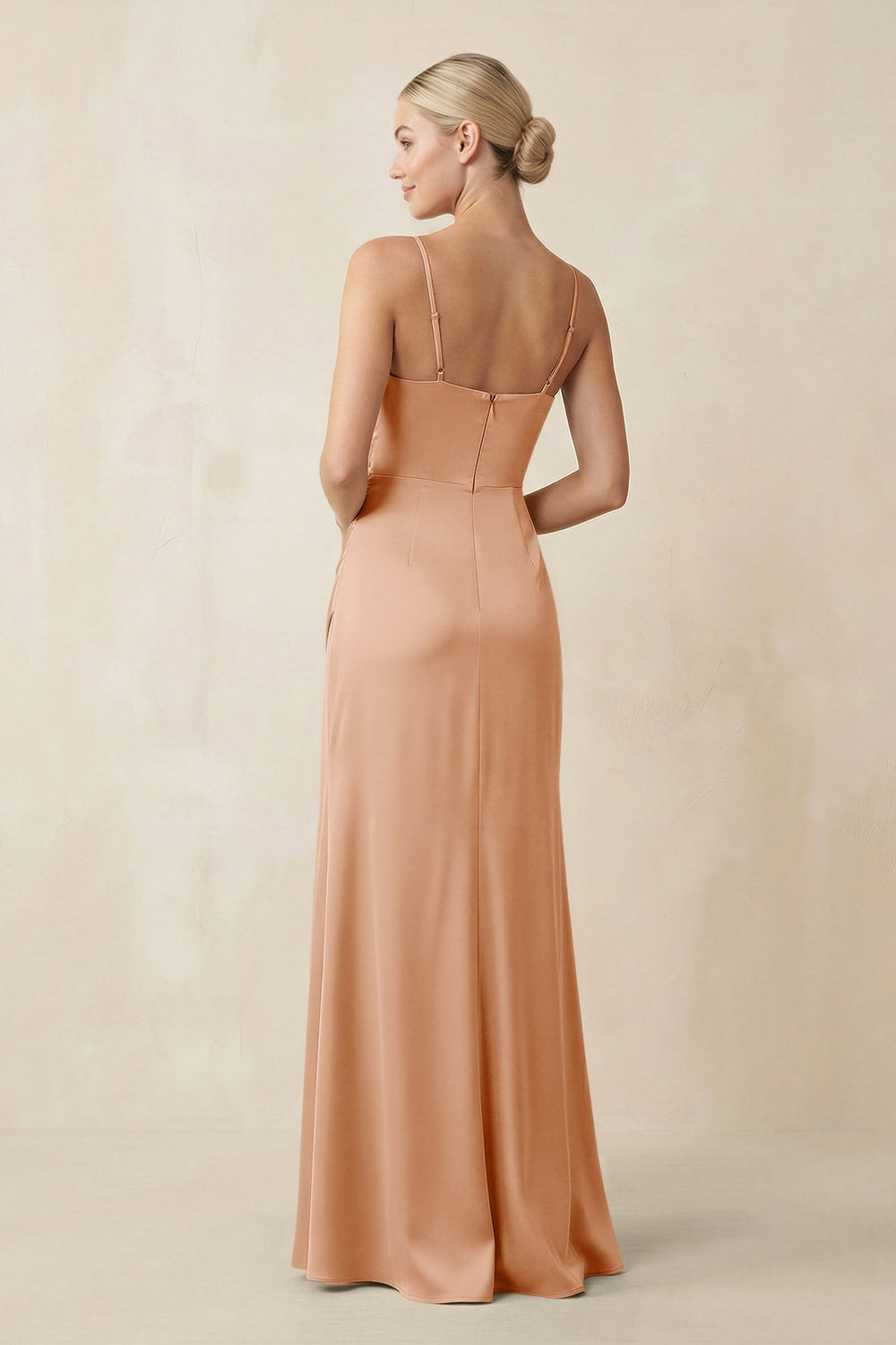 Cami Strap Ruched Satin Sheath Bridesmaid Dress in Golden Champagne - KissProm Bridesmaid Dresses
