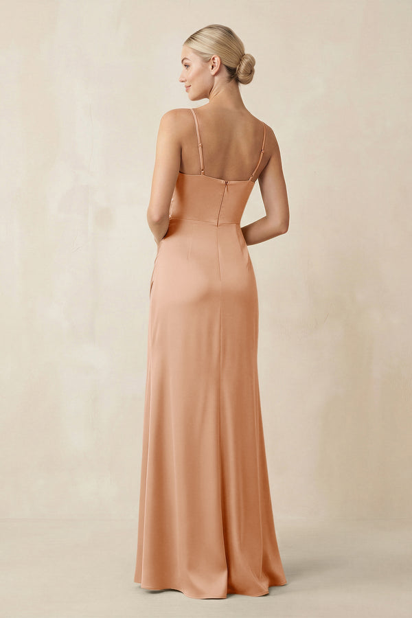 Cami Strap Ruched Satin Sheath Bridesmaid Dress in Golden Champagne - KissProm Bridesmaid Dresses