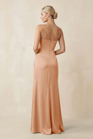 Cami Strap Ruched Satin Sheath Bridesmaid Dress in Golden Champagne - KissProm Bridesmaid Dresses