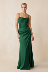 Cami Strap Ruched Satin Sheath Bridesmaid Dress in Green - KissProm Bridesmaid Dresses