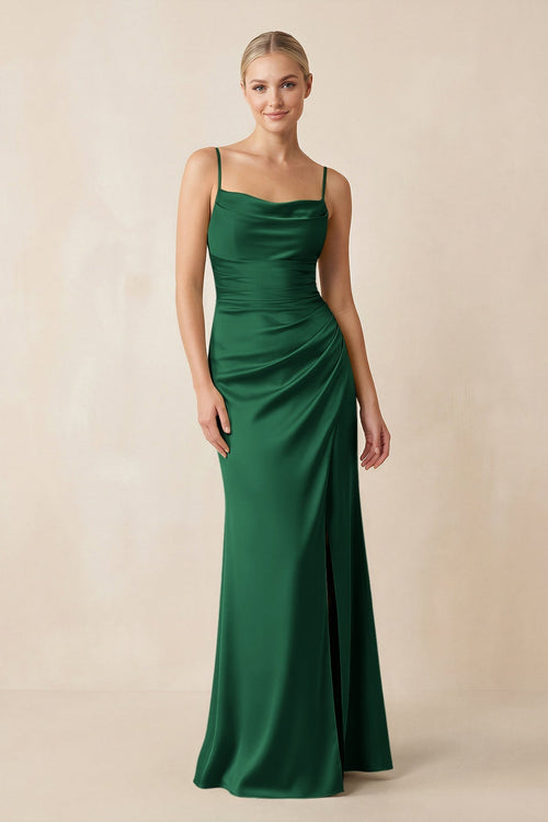 Cami Strap Ruched Satin Sheath Bridesmaid Dress in Green - KissProm Bridesmaid Dresses