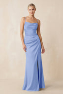Cami Strap Ruched Satin Sheath Bridesmaid Dress in Ice - KissProm Bridesmaid Dresses