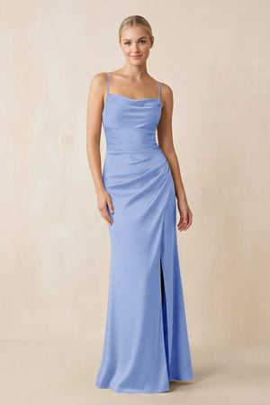 Cami Strap Ruched Satin Sheath Bridesmaid Dress in Ice - KissProm Bridesmaid Dresses