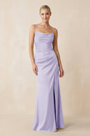 Cami Strap Ruched Satin Sheath Bridesmaid Dress in Lavender - KissProm Bridesmaid Dresses