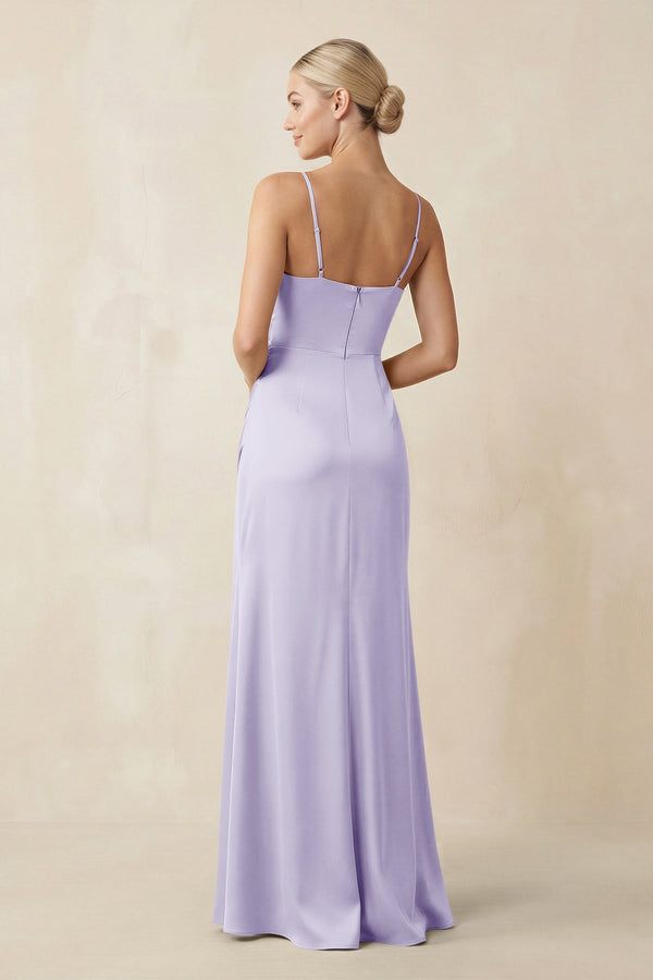 Cami Strap Ruched Satin Sheath Bridesmaid Dress in Lavender - KissProm Bridesmaid Dresses