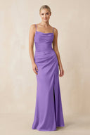 Cami Strap Ruched Satin Sheath Bridesmaid Dress in Lilac - KissProm Bridesmaid Dresses