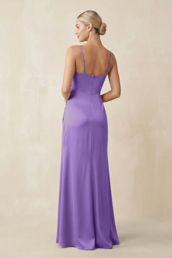 Cami Strap Ruched Satin Sheath Bridesmaid Dress in Lilac - KissProm Bridesmaid Dresses