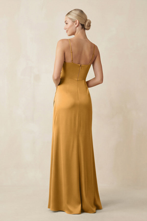 Cami Strap Ruched Satin Sheath Bridesmaid Dress in Marigold - KissProm Bridesmaid Dresses