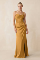Cami Strap Ruched Satin Sheath Bridesmaid Dress in Marigold - KissProm Bridesmaid Dresses
