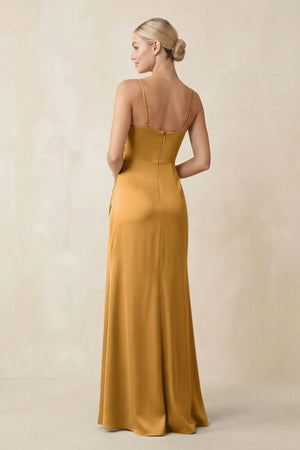 Cami Strap Ruched Satin Sheath Bridesmaid Dress in Marigold - KissProm Bridesmaid Dresses