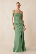 Cami Strap Ruched Satin Sheath Bridesmaid Dress in Matcha - KissProm Bridesmaid Dresses