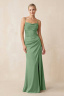 Cami Strap Ruched Satin Sheath Bridesmaid Dress in Matcha - KissProm Bridesmaid Dresses