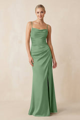 Cami Strap Ruched Satin Sheath Bridesmaid Dress in Matcha - KissProm Bridesmaid Dresses
