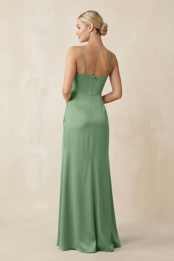 Cami Strap Ruched Satin Sheath Bridesmaid Dress in Matcha - KissProm Bridesmaid Dresses