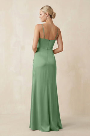 Cami Strap Ruched Satin Sheath Bridesmaid Dress in Matcha - KissProm Bridesmaid Dresses