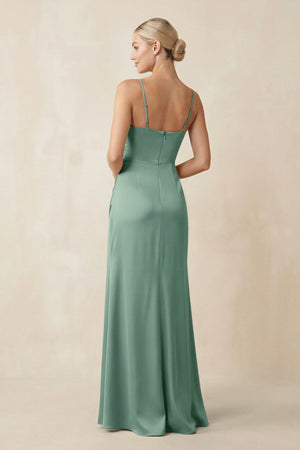 Cami Strap Ruched Satin Sheath Bridesmaid Dress in Mint Green - KissProm Bridesmaid Dresses