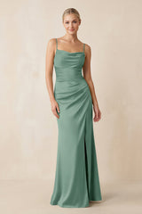 Cami Strap Ruched Satin Sheath Bridesmaid Dress in Mint Green - KissProm Bridesmaid Dresses