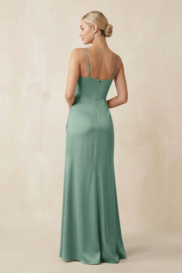 Cami Strap Ruched Satin Sheath Bridesmaid Dress in Mint Green - KissProm Bridesmaid Dresses