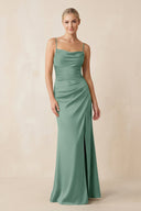 Cami Strap Ruched Satin Sheath Bridesmaid Dress in Mint Green - KissProm Bridesmaid Dresses