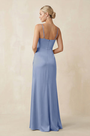 Cami Strap Ruched Satin Sheath Bridesmaid Dress in Mist - KissProm Bridesmaid Dresses