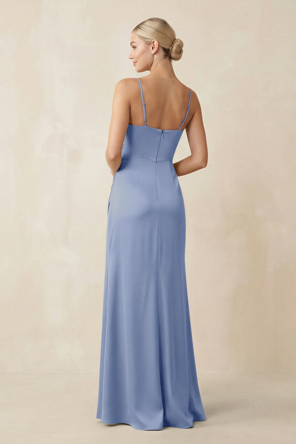 Cami Strap Ruched Satin Sheath Bridesmaid Dress in Mist - KissProm Bridesmaid Dresses
