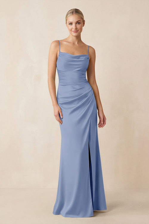 Cami Strap Ruched Satin Sheath Bridesmaid Dress in Mist - KissProm Bridesmaid Dresses