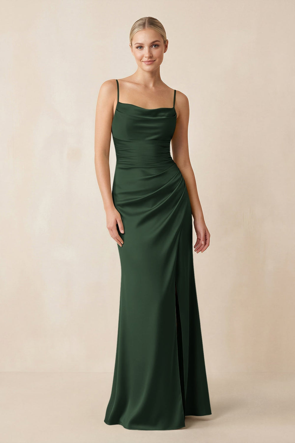 Cami Strap Ruched Satin Sheath Bridesmaid Dress in Moss - KissProm Bridesmaid Dresses