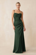 Cami Strap Ruched Satin Sheath Bridesmaid Dress in Moss - KissProm Bridesmaid Dresses