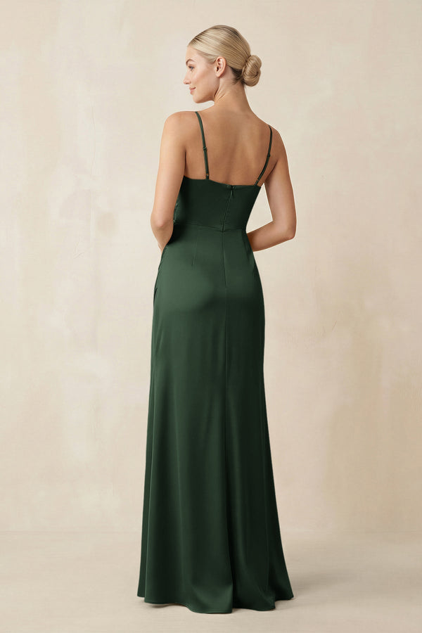 Cami Strap Ruched Satin Sheath Bridesmaid Dress in Moss - KissProm Bridesmaid Dresses