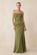 Cami Strap Ruched Satin Sheath Bridesmaid Dress in Moss Green - KissProm Bridesmaid Dresses
