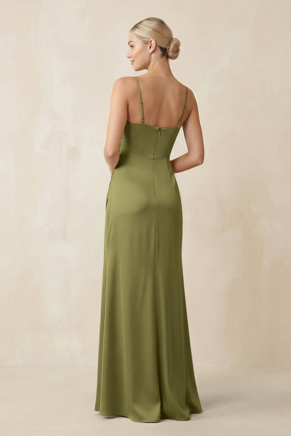 Cami Strap Ruched Satin Sheath Bridesmaid Dress in Moss Green - KissProm Bridesmaid Dresses