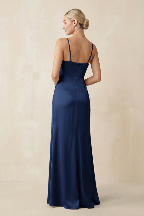 Cami Strap Ruched Satin Sheath Bridesmaid Dress in Navy - KissProm Bridesmaid Dresses