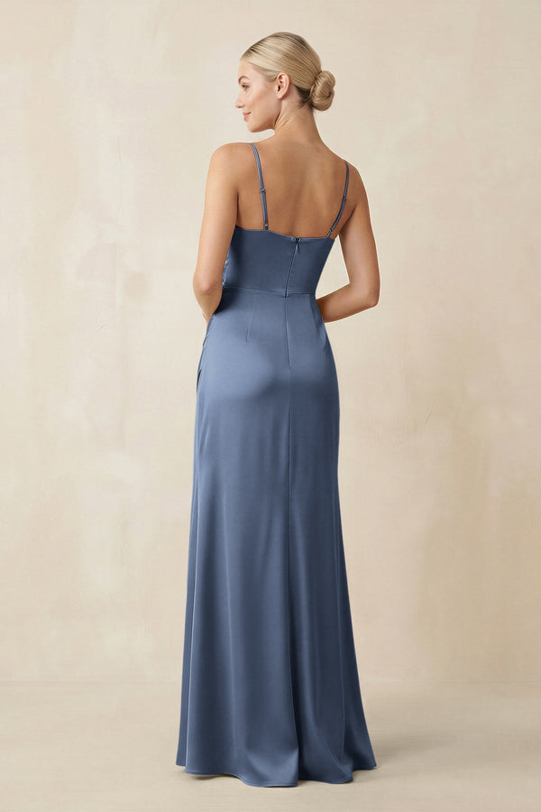 Cami Strap Ruched Satin Sheath Bridesmaid Dress in Neptune - KissProm Bridesmaid Dresses