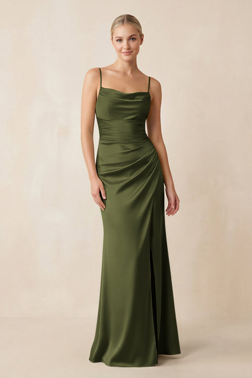 Cami Strap Ruched Satin Sheath Bridesmaid Dress in Olive - KissProm Bridesmaid Dresses