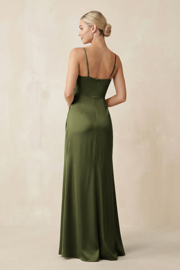 Cami Strap Ruched Satin Sheath Bridesmaid Dress in Olive - KissProm Bridesmaid Dresses